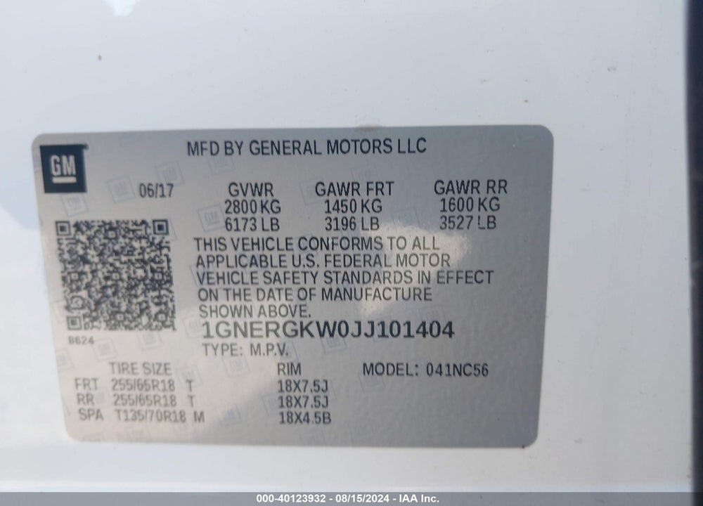 2018 CHEVROLET TRAVERSE 1LT VIN: 1GNERGKW0JJ101404
