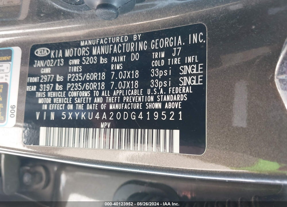 2013 KIA SORENTO EX V6 VIN: 5XYKU4A20DG419521