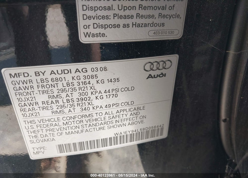 2008 AUDI Q7 3.6 PREMIUM VIN: WA1EY94L58D056442