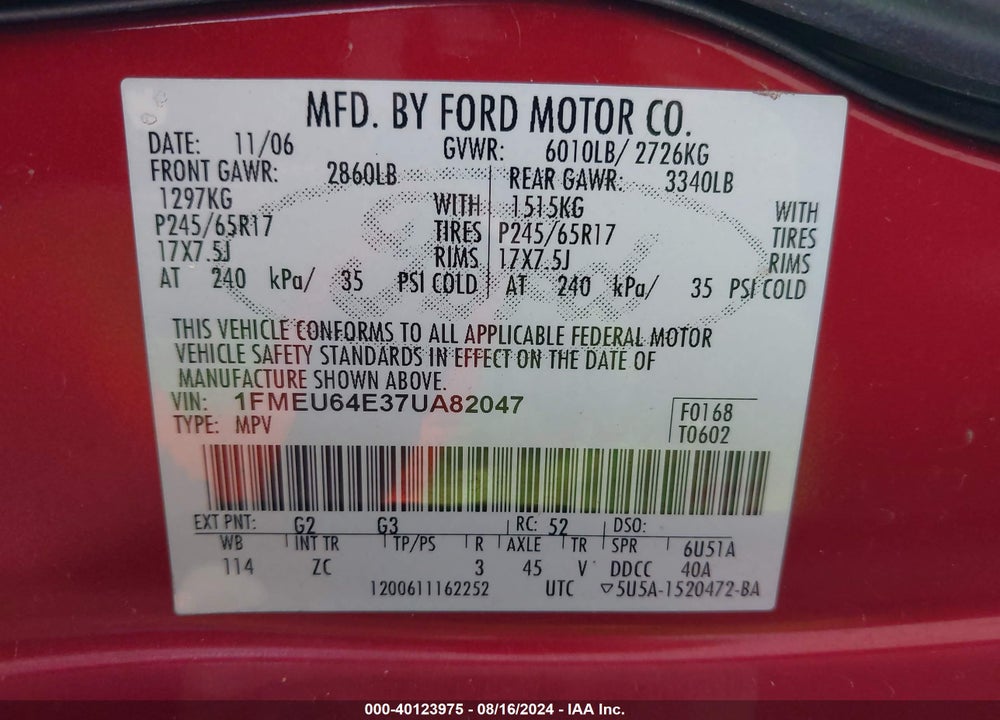 2007 FORD EXPLORER VIN: 1FMEU64E37UA82047