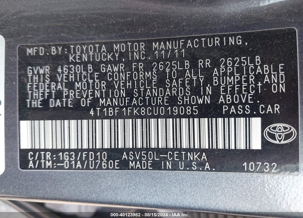 2012 TOYOTA CAMRY LE VIN: 4T1BF1FK8CU019085