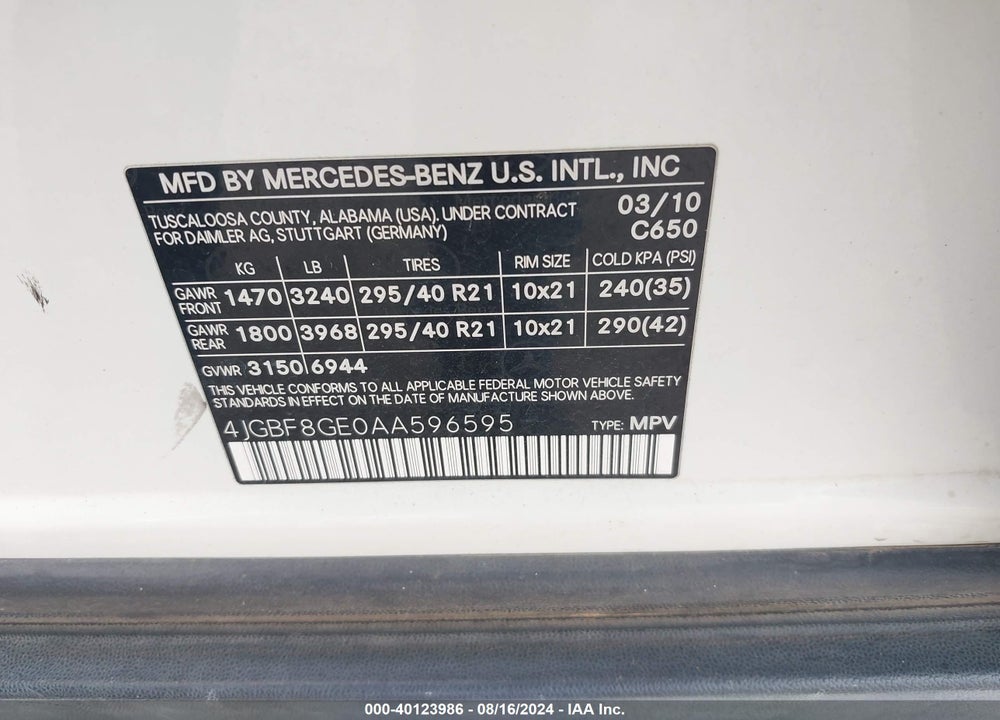 2010 MERCEDES-BENZ GL 550 4MATIC VIN: 4JGBF8GE0AA596595
