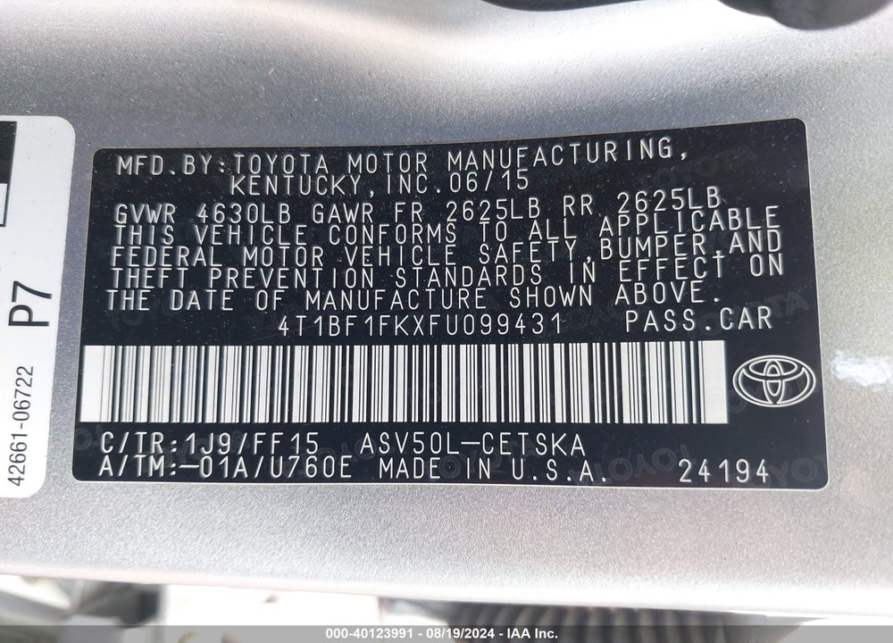 2015 TOYOTA CAMRY SE VIN: 4T1BF1FKXFU099431