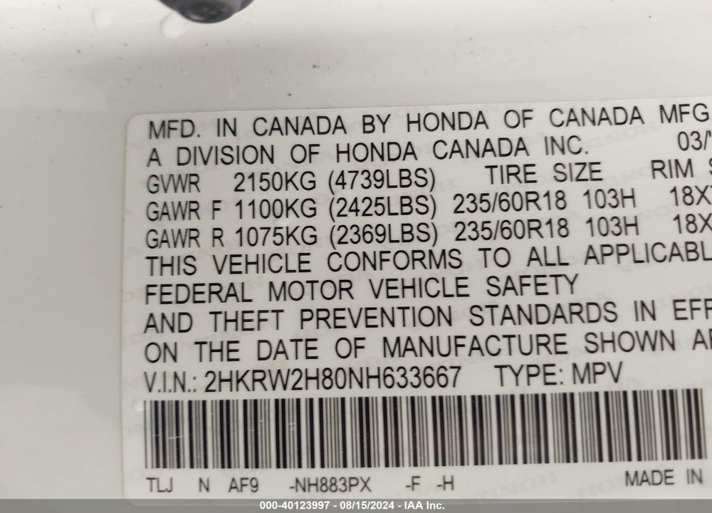 2022 HONDA CR-V AWD EX-L VIN: 2HKRW2H80NH633667