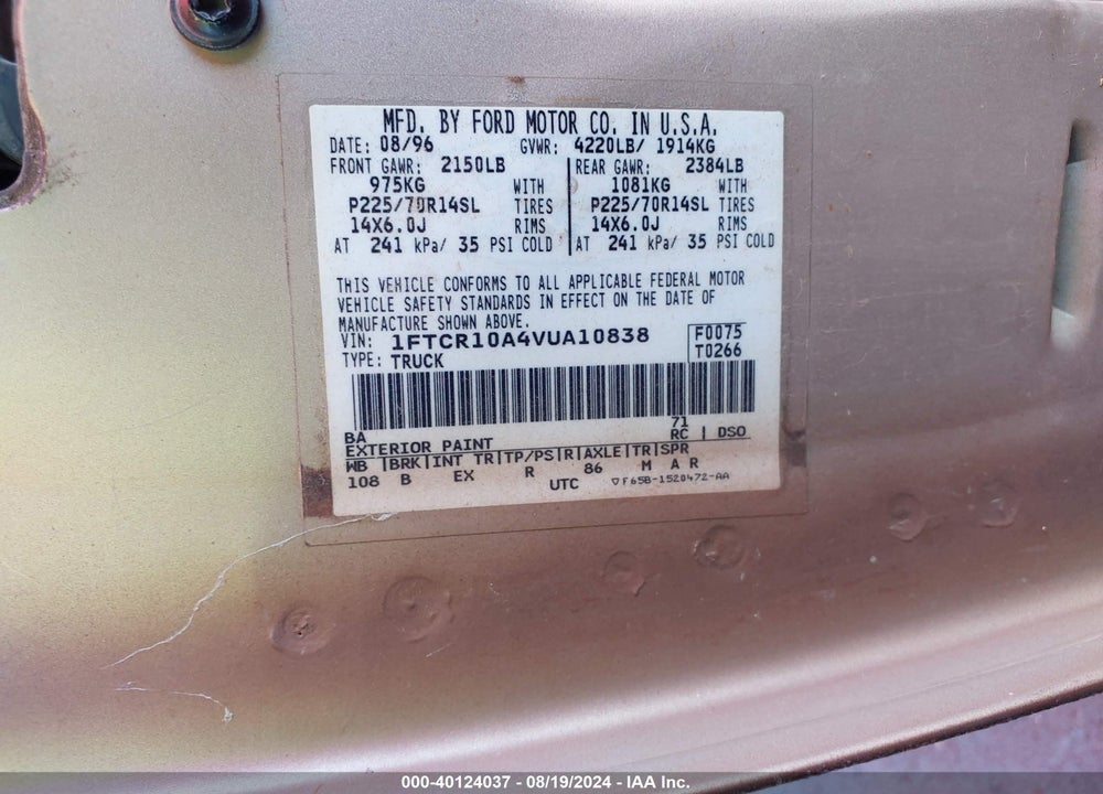 1997 FORD RANGER SPLASH/XL/XLT VIN: 1FTCR10A4VUA10838