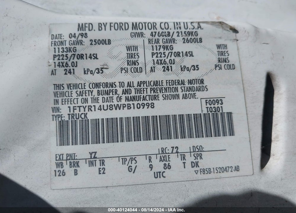 1998 FORD RANGER SPLASH/XL/XLT VIN: 1FTYR14U8WPB10998