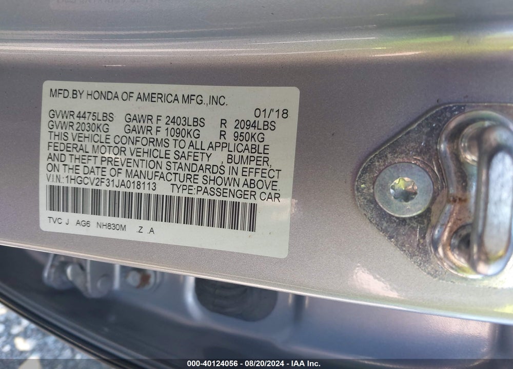2018 HONDA ACCORD SPORT 2.0T VIN: 1HGCV2F31JA018113