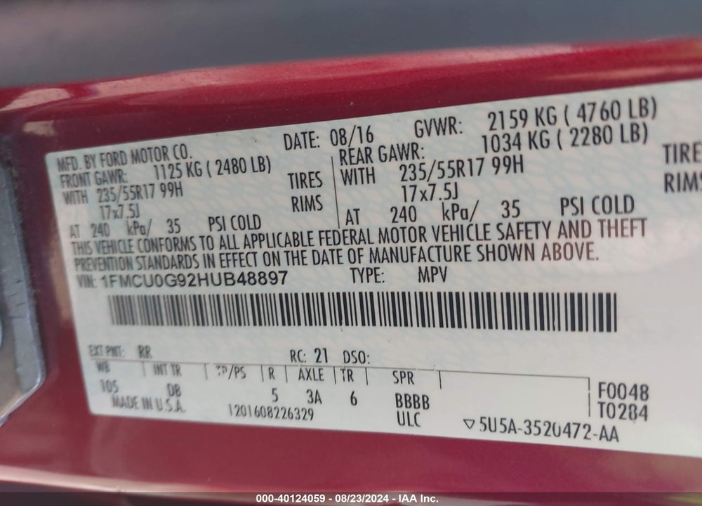 2017 FORD ESCAPE SE VIN: 1FMCU0G92HUB48897