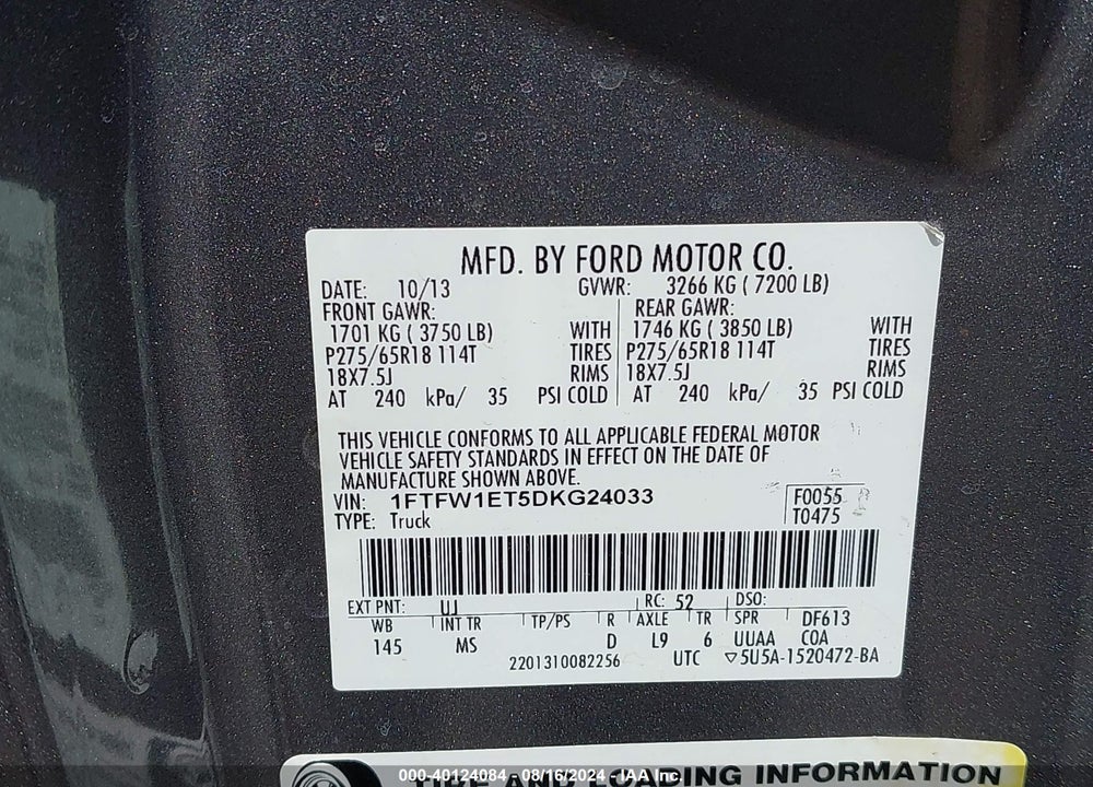 2013 FORD F-150 XLT VIN: 1FTFW1ET5DKG24033