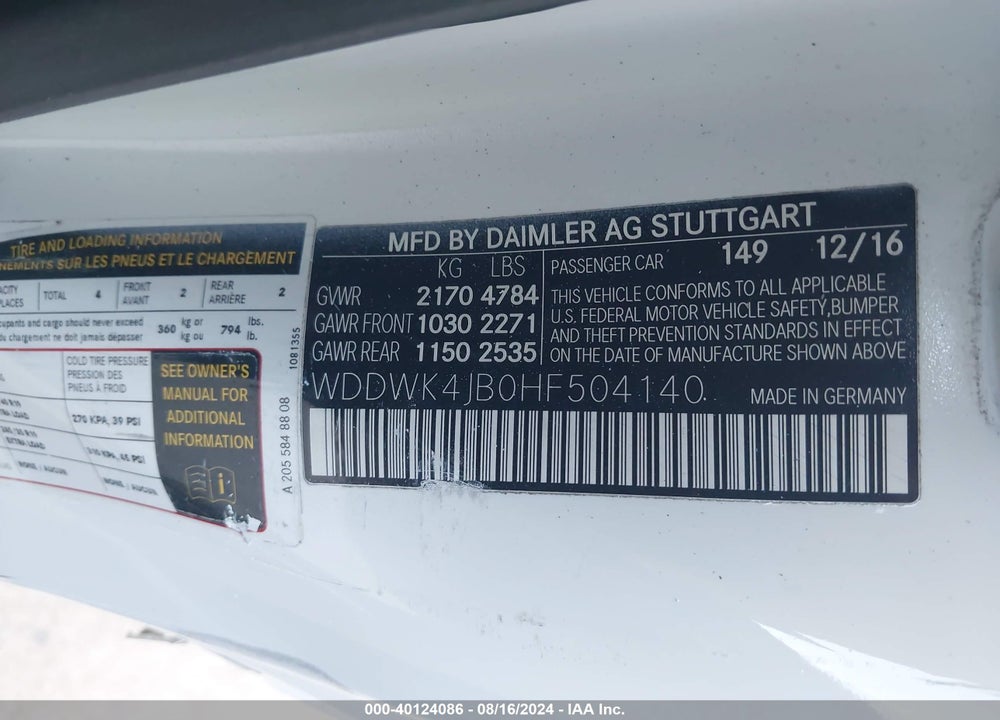 2017 MERCEDES-BENZ C 300 VIN: WDDWK4JB0HF504140