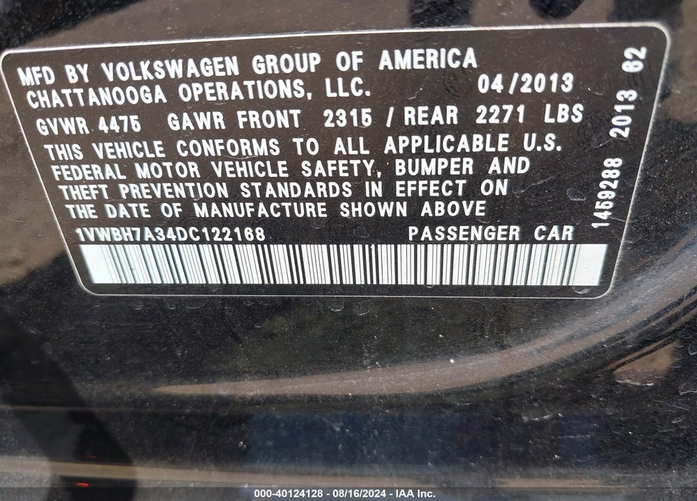 2013 VOLKSWAGEN PASSAT 2.5L SE VIN: 1VWBH7A34DC122168