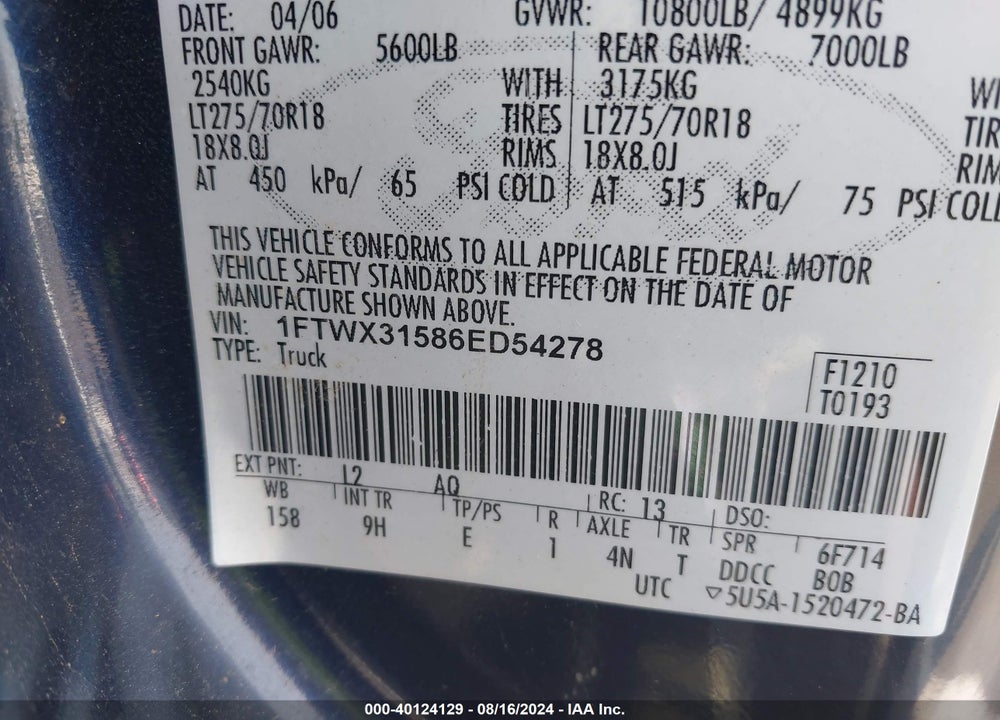 2006 FORD F-350 LARIAT/XL/XLT VIN: 1FTWX31586ED54278