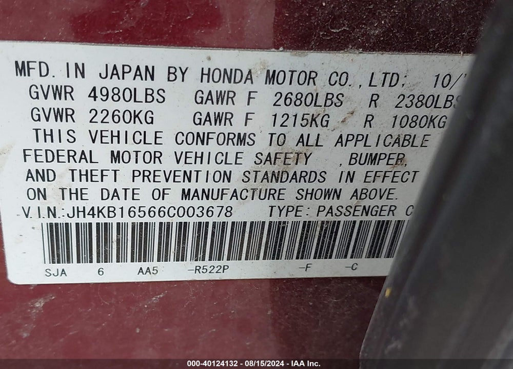 2006 ACURA RL 3.5 VIN: JH4KB16566C003678