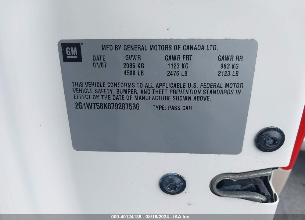 2007 CHEVROLET IMPALA LT VIN: 2G1WT58K879287536