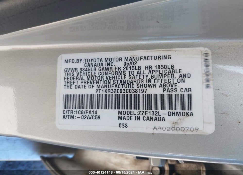 2003 TOYOTA MATRIX STANDARD VIN: 2T1KR32E93C038197