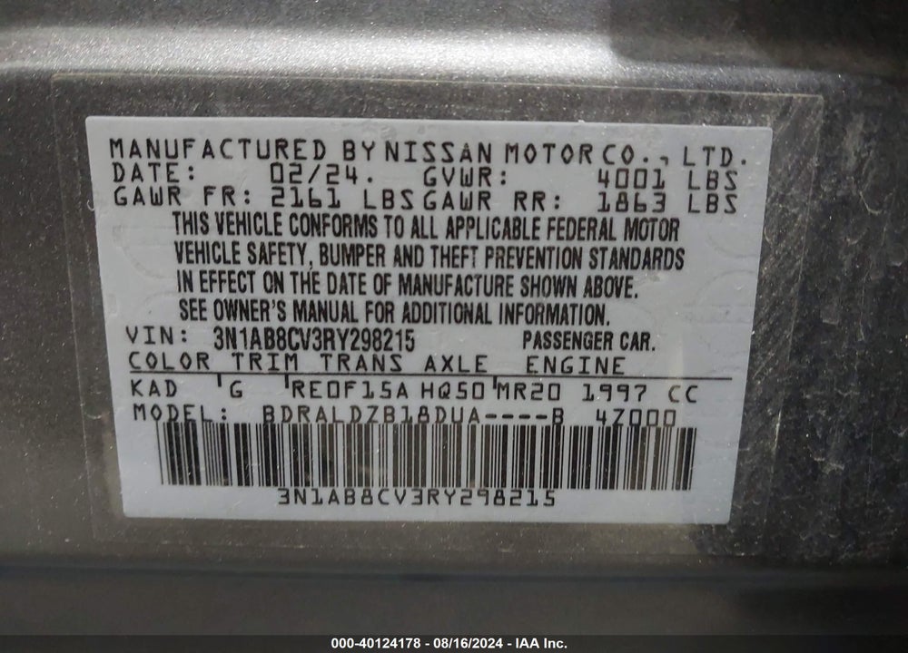 2024 NISSAN SENTRA SV XTRONIC CVT VIN: 3N1AB8CV3RY298215