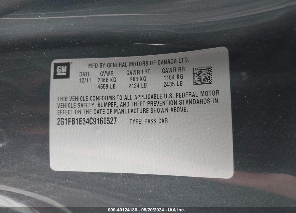 2012 CHEVROLET CAMARO VIN: 2G1FB1E34C9160527