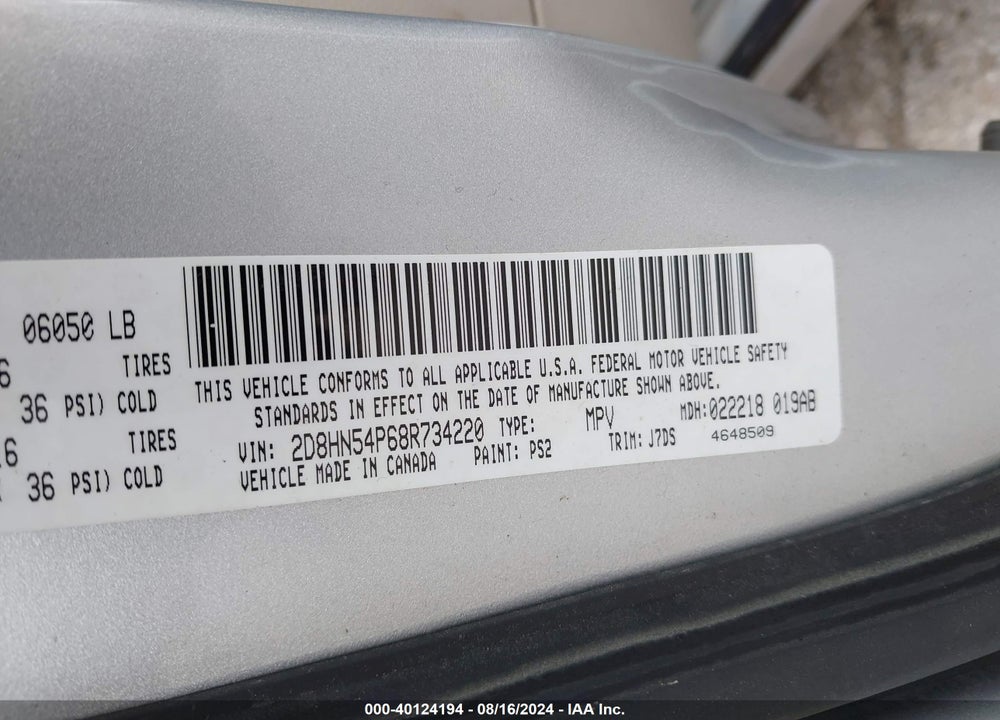 2008 DODGE GRAND CARAVAN SXT VIN: 2D8HN54P68R734220