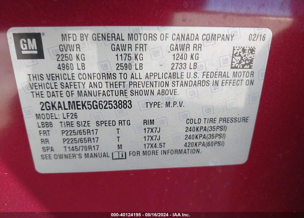 2016 GMC TERRAIN SLE-1 VIN: 2GKALMEK5G6253883
