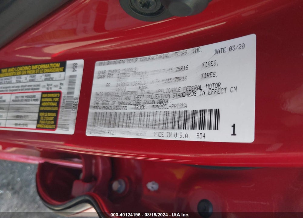 2020 TOYOTA TACOMA SR5 VIN: 5TFAX5GN2LX180771