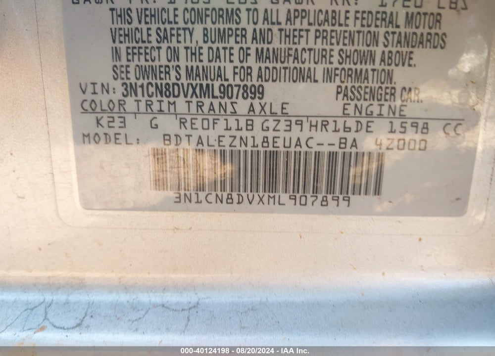 2021 NISSAN VERSA S XTRONIC CVT VIN: 3N1CN8DVXML907899