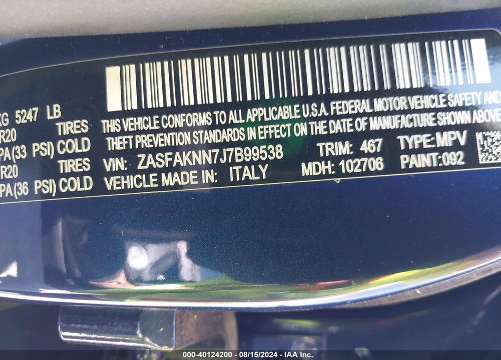 2018 ALFA ROMEO STELVIO TI SPORT AWD VIN: ZASFAKNN7J7B99538