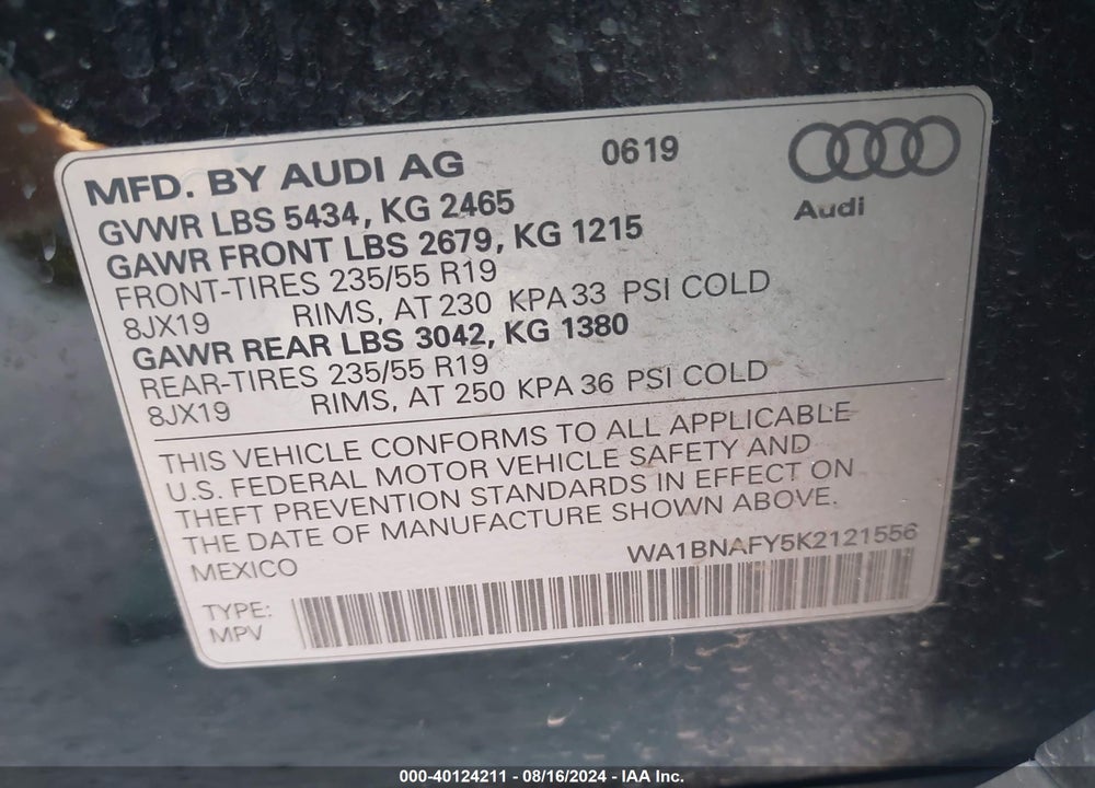 2019 AUDI Q5 45 PREMIUM VIN: WA1BNAFY5K2121556