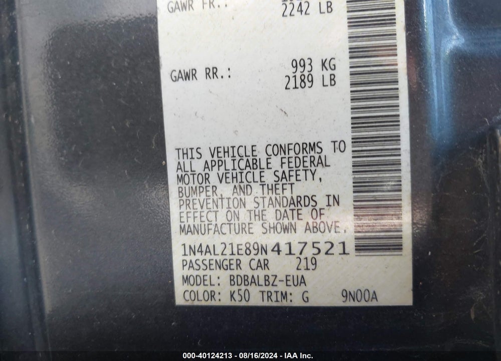 2009 NISSAN ALTIMA 2.5 S VIN: 1N4AL21E89N417521