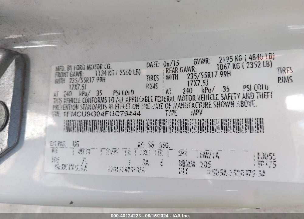 2015 FORD ESCAPE SE VIN: 1FMCU9G94FUC79444