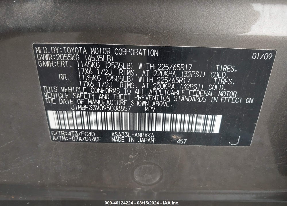 2009 TOYOTA RAV4 VIN: JTMBF33V095008857