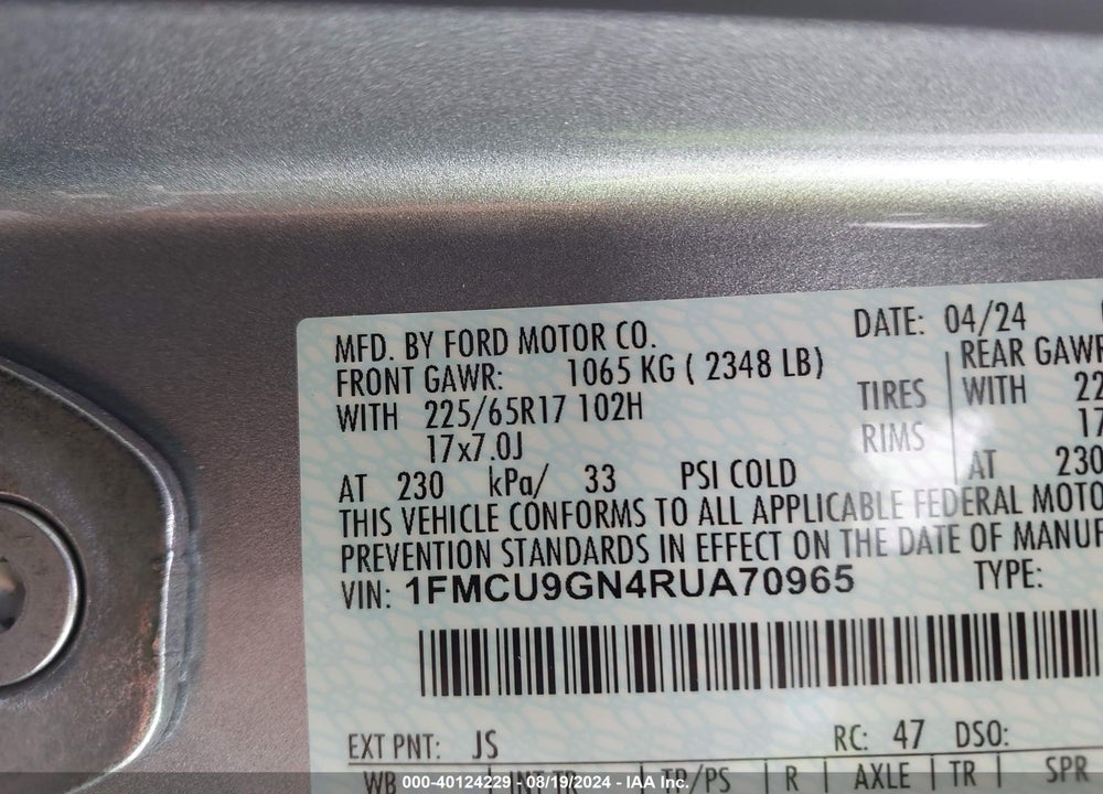 2024 FORD ESCAPE ACTIVE VIN: 1FMCU9GN4RUA70965