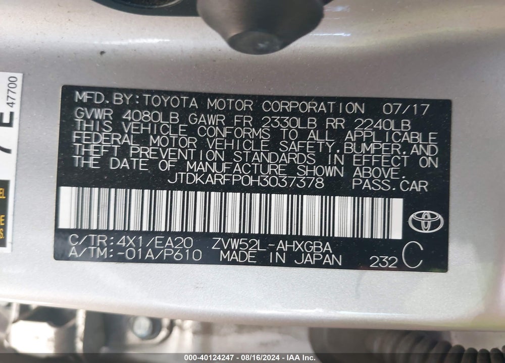 2017 TOYOTA PRIUS PRIME ADVANCED VIN: JTDKARFP0H3037378