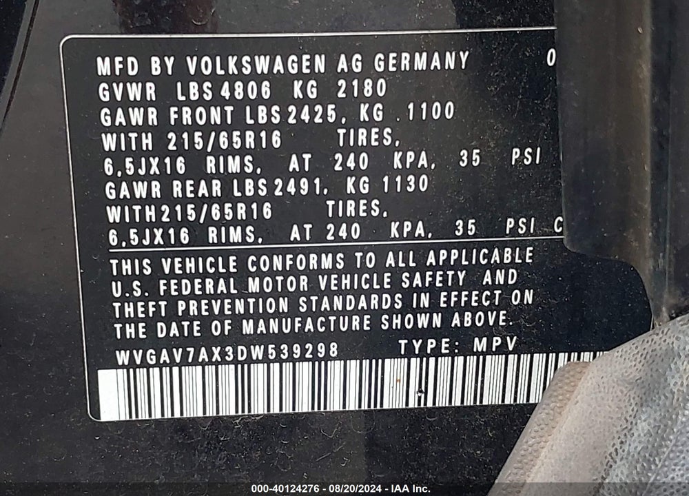 2013 VOLKSWAGEN TIGUAN S VIN: WVGAV7AX3DW539298