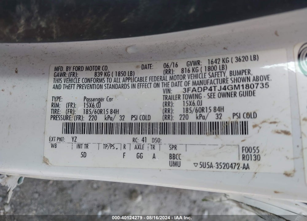 2016 FORD FIESTA S VIN: 3FADP4TJ4GM180735