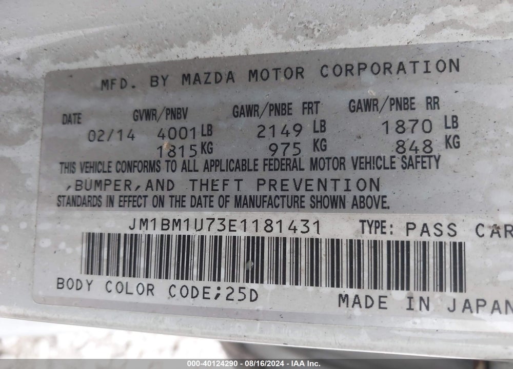 2014 MAZDA 3 I SPORT VIN: JM1BM1U73E1181431