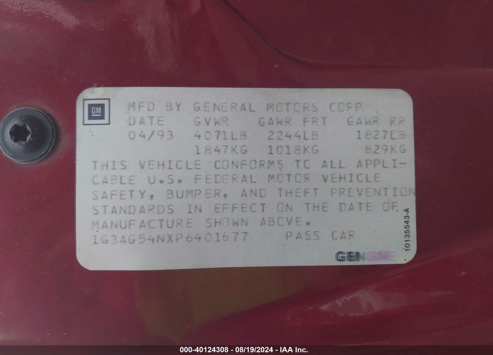 1993 OLDSMOBILE CUTLASS CIERA S VIN: 1G3AG54NXP6401677
