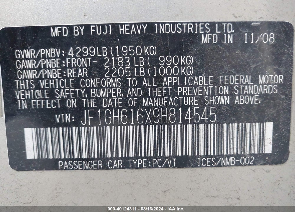 2009 SUBARU IMPREZA 2.5I VIN: JF1GH616X9H814545