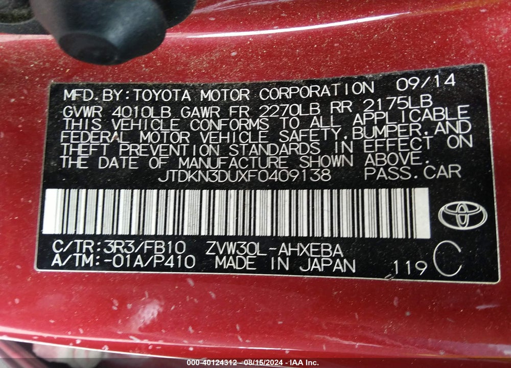 2015 TOYOTA PRIUS THREE VIN: JTDKN3DUXF0409138