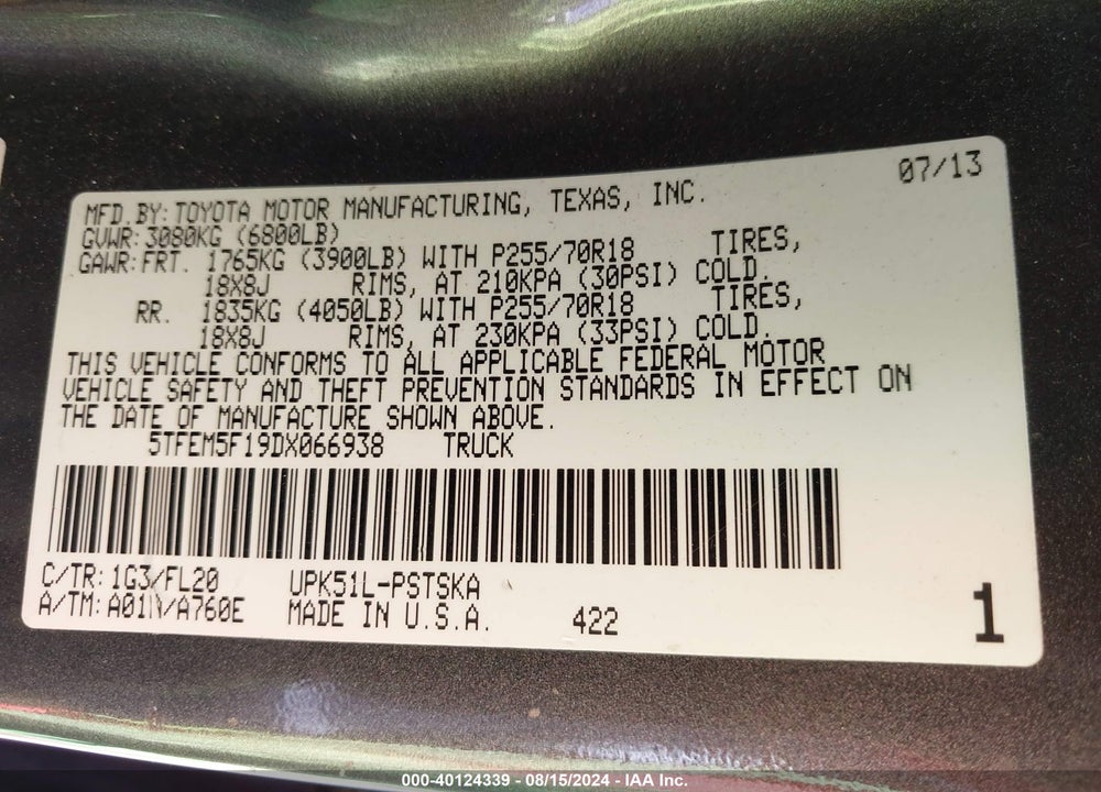 2013 TOYOTA TUNDRA GRADE 4.6L V8 VIN: 5TFEM5F19DX066938