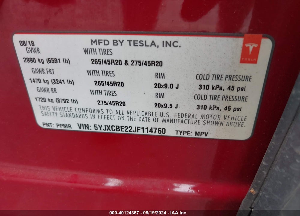 2018 TESLA MODEL X 100D/75D/P100D VIN: 5YJXCBE22JF114760