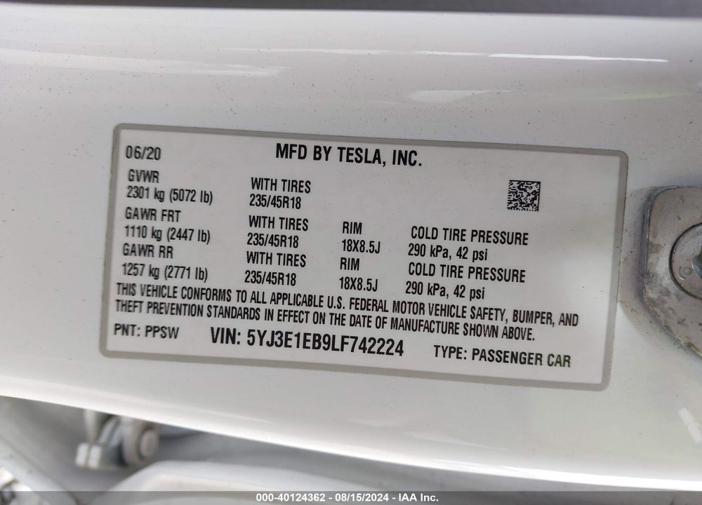 2020 TESLA MODEL 3 LONG RANGE DUAL MOTOR ALL-WHEEL DRIVE VIN: 5YJ3E1EB9LF742224