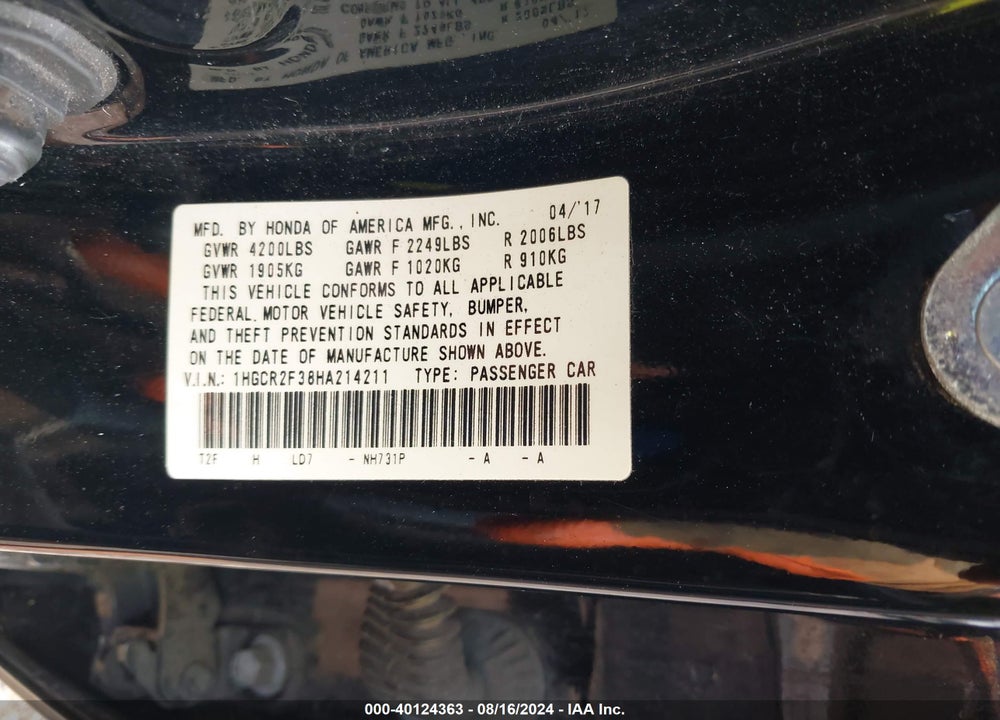 2017 HONDA ACCORD LX VIN: 1HGCR2F38HA214211