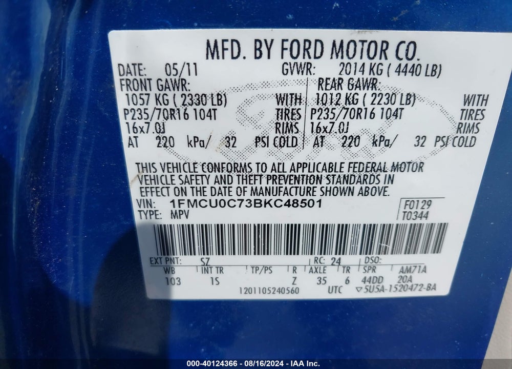 2011 FORD ESCAPE VIN: 1FMCU0C73BKC48501