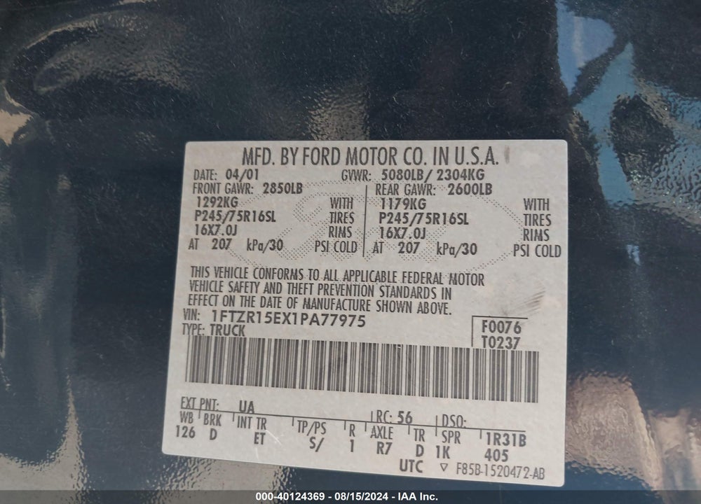 2001 FORD RANGER EDGE/XLT VIN: 1FTZR15EX1PA77975