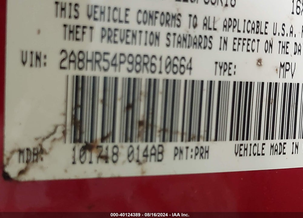 2008 CHRYSLER TOWN & COUNTRY TOURING VIN: 2A8HR54P98R610664