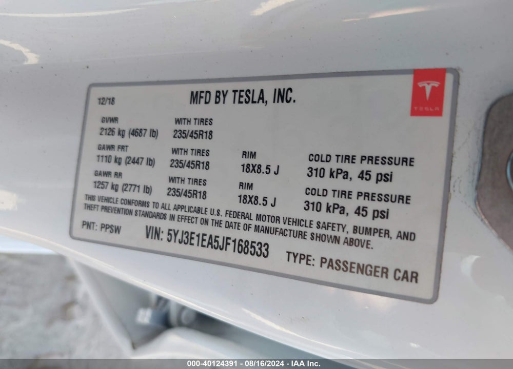 2018 TESLA MODEL 3 LONG RANGE/MID RANGE VIN: 5YJ3E1EA5JF168533