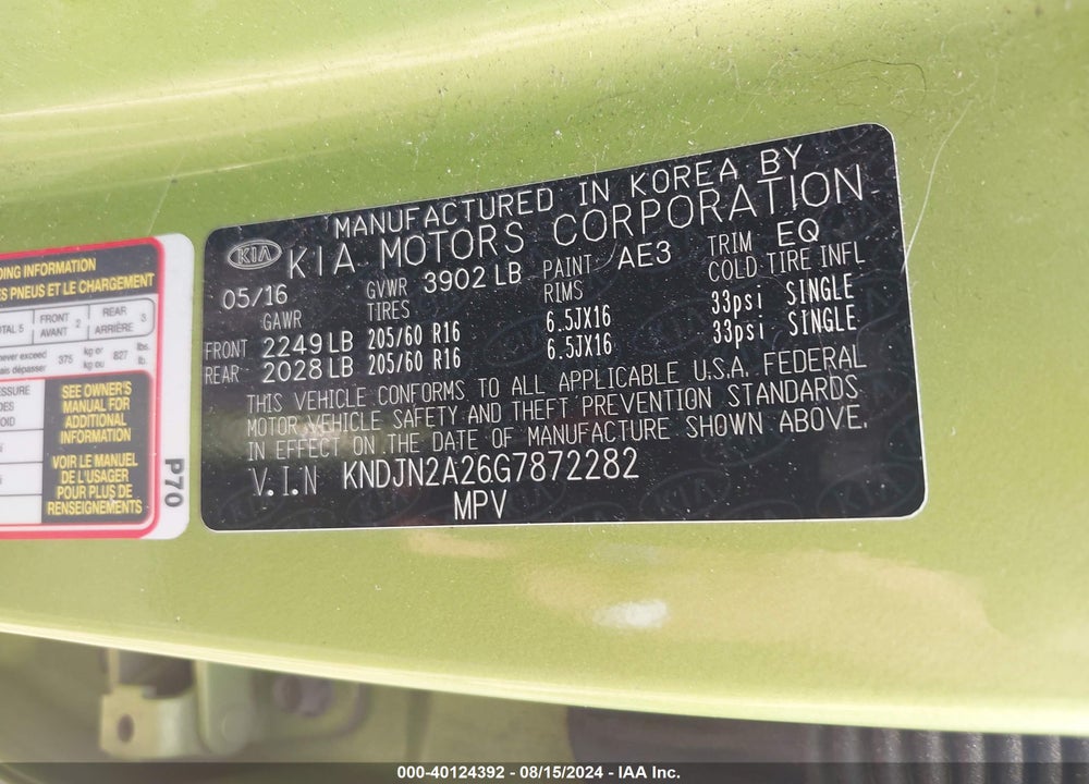 2016 KIA SOUL VIN: KNDJN2A26G7872282