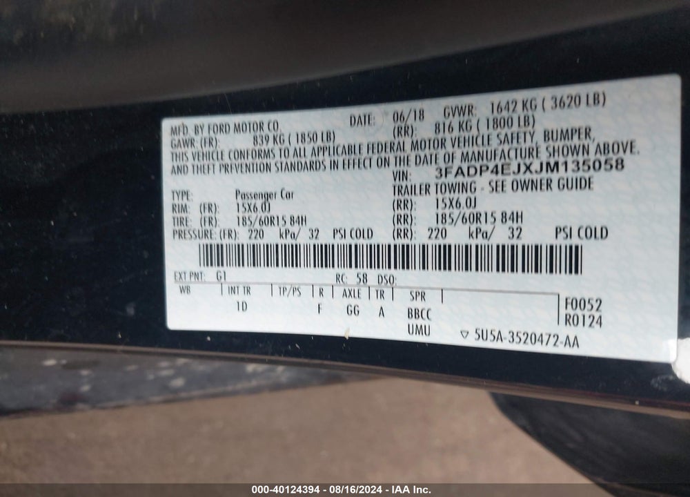 2018 FORD FIESTA SE VIN: 3FADP4EJXJM135058