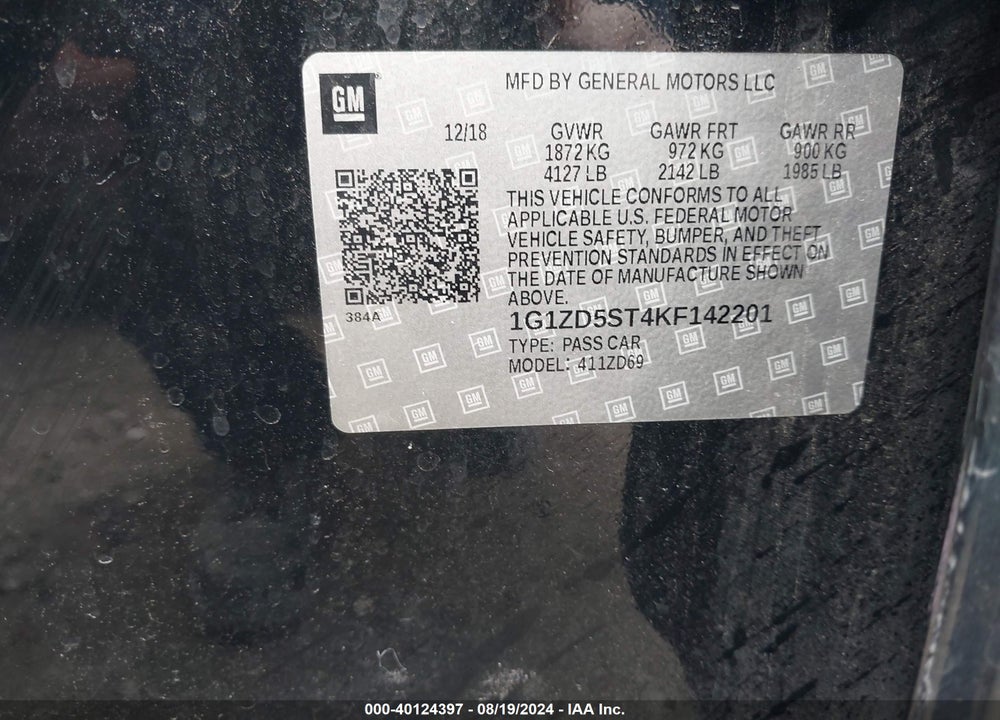 2019 CHEVROLET MALIBU LT VIN: 1G1ZD5ST4KF142201