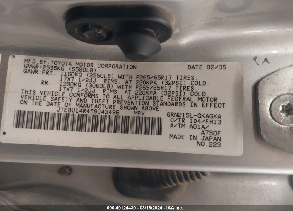 2005 TOYOTA 4RUNNER SR5 SPORT V6 VIN: JTEBU14R458043496